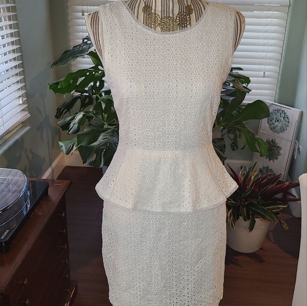 BCBG Paris Peplum Eyelet Dress in White